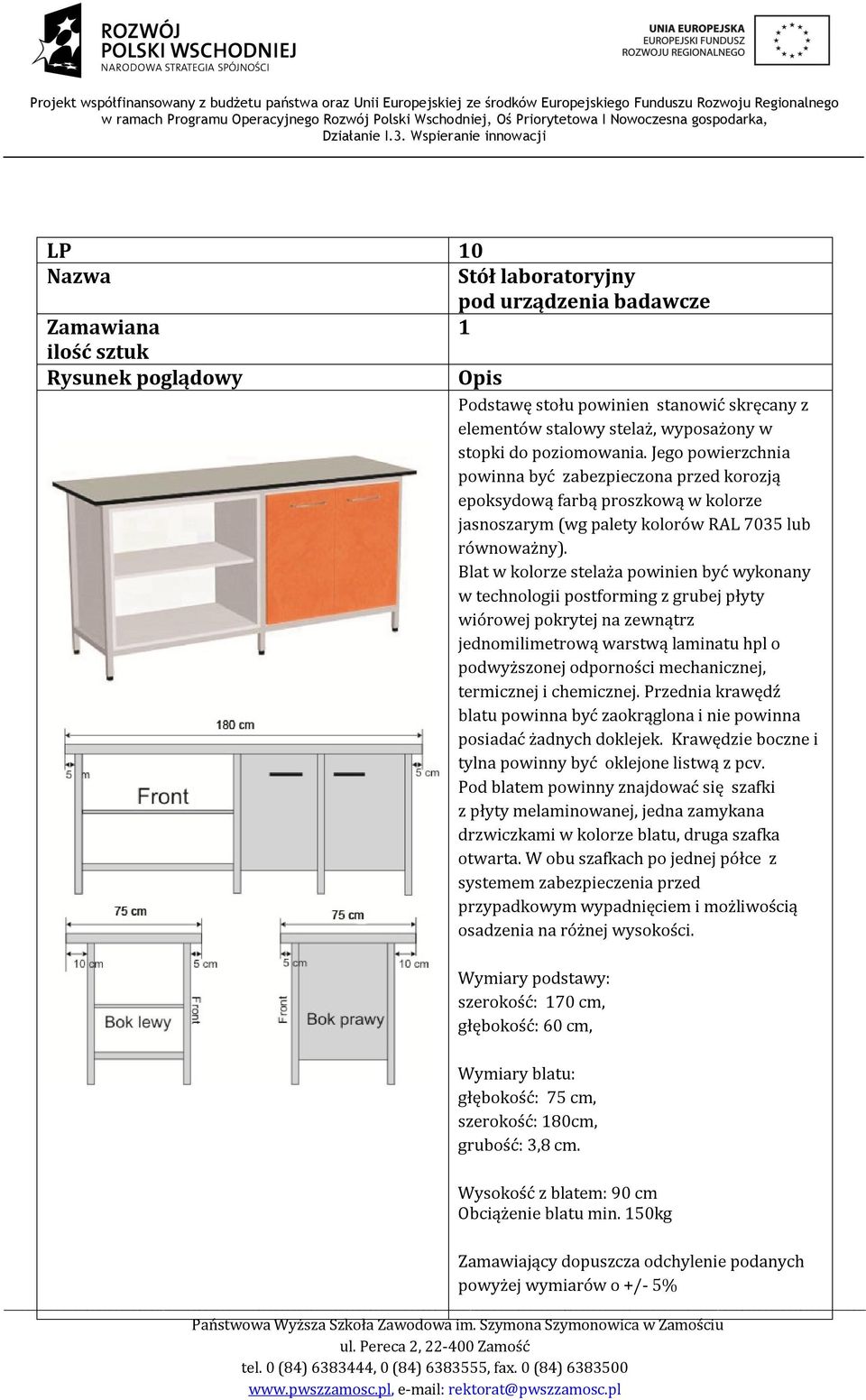 Blat w kolorze stelaża powinien być wykonany w technologii postforming z grubej płyty wiórowej pokrytej na zewnątrz jednomilimetrową warstwą laminatu hpl o podwyższonej odporności mechanicznej,