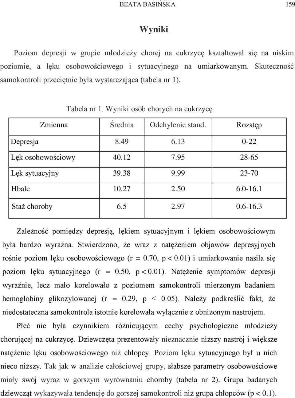 13 0-22 Lęk osobowościowy 40.12 7.95 28-65 Lęk sytuacyjny 39.38 9.99 23-70 Hbalc 10.27 2.50 6.0-16.1 Staż choroby 6.5 2.97 0.6-16.