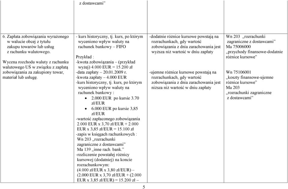 kurs, po którym wyceniono wpływ waluty na rachunek bankowy FIFO -kwota zobowiązania (przykład wyżej) 4.000 EUR = 15.200 zł -data zapłaty 20.01.2009 r. -kwota zapłaty 4.000 EUR -kurs historyczny, tj.