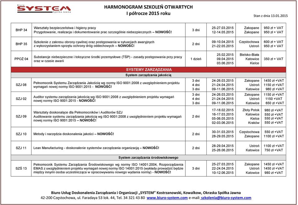 2015 Częstochowa 600 zł + VAT PPOŻ 04 Substancje niebezpieczne i toksyczne środki przemysłowe (TŚP) - zasady postępowania przy pracy oraz w czasie awarii 1 dzień 25.02.2015 09.04.2015 03.06.