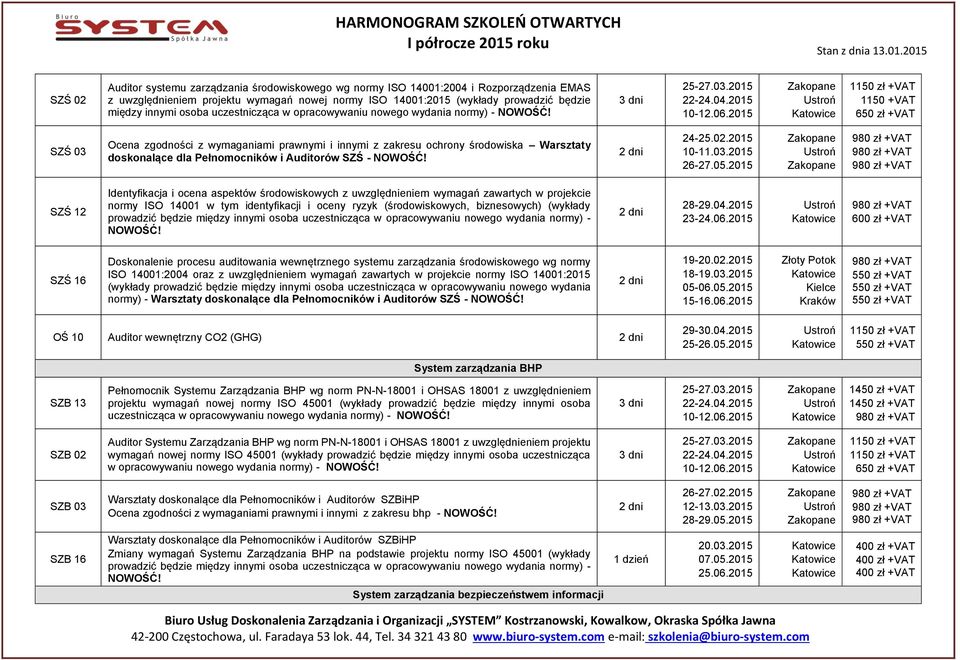 2015 1150 +VAT 650 zł +VAT SZŚ 03 Ocena zgodności z wymaganiami prawnymi i innymi z zakresu ochrony środowiska Warsztaty doskonalące dla Pełnomocników i Auditorów SZŚ - NOWOŚĆ! 24-25.02.2015 10-11.03.2015 26-27.