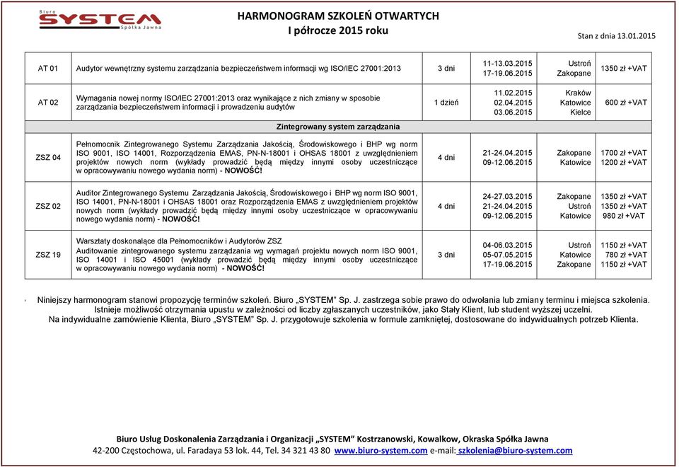 06.2015 Kraków Kielce 600 zł +VAT Zintegrowany system zarządzania ZSZ 04 Pełnomocnik Zintegrowanego Systemu Zarządzania Jakością, Środowiskowego i BHP wg norm ISO 9001, ISO 14001, Rozporządzenia