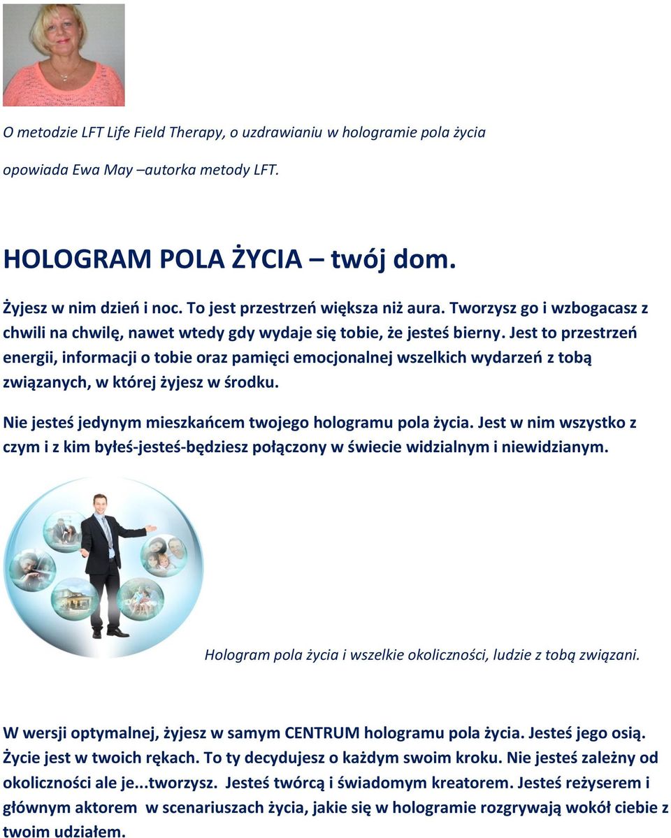 Jest to przestrzeń energii, informacji o tobie oraz pamięci emocjonalnej wszelkich wydarzeń z tobą związanych, w której żyjesz w środku. Nie jesteś jedynym mieszkańcem twojego hologramu pola życia.