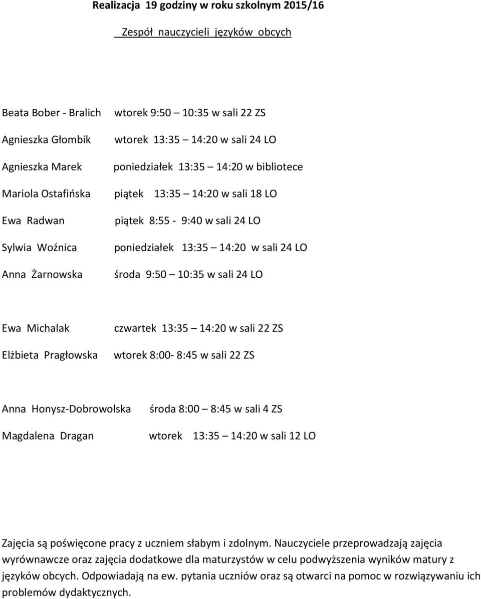 w sali 24 LO Ewa Michalak czwartek 3:35 4:20 w sali 22 ZS Elżbieta Pragłowska wtorek 8:00-8:45 w sali 22 ZS Anna Honysz-Dobrowolska Magdalena Dragan środa 8:00 8:45 w sali 4 ZS wtorek 3:35 4:20 w