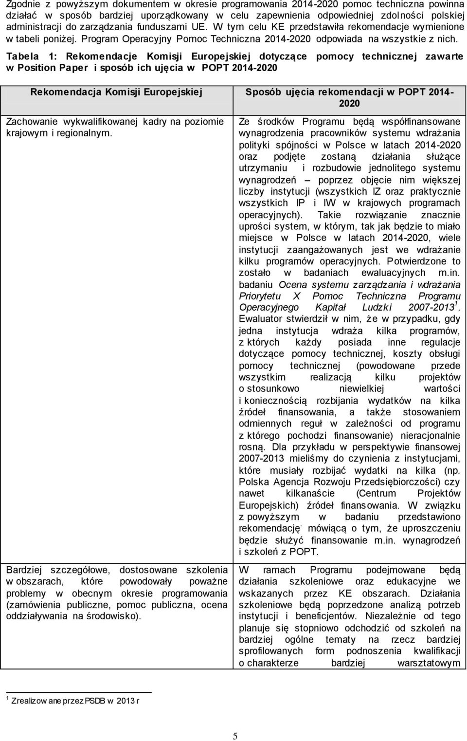 Tabela 1: Rekomendacje Komisji Europejskiej dotyczące pomocy technicznej zawarte w Position Paper i sposób ich ujęcia w POPT 2014-2020 Rekomendacja Komisji Europejskiej Sposób ujęcia rekomendacji w