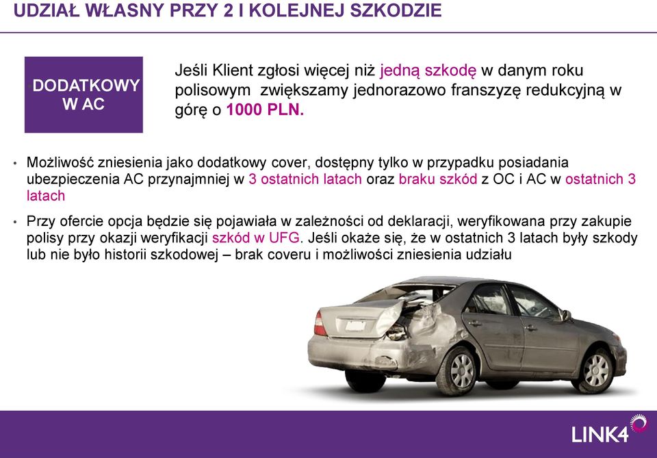 Możliwość zniesienia jako dodatkowy cover, dostępny tylko w przypadku posiadania ubezpieczenia AC przynajmniej w 3 ostatnich latach oraz braku szkód z OC i