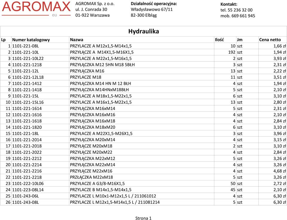 1101-221-10L22 PRZYLACZE A M22x1,5-M16x1,5 2 szt 3,93 zł 4 1101-221-1218 PRZYŁĄCZKA M12 5HN M18 5BŁH 3 szt 2,31 zł 5 1101-221-12L PRZYŁĄCZKA M16 13 szt 2,22 zł 6 1101-221-12L18 PRZYLACZE M18 11 szt
