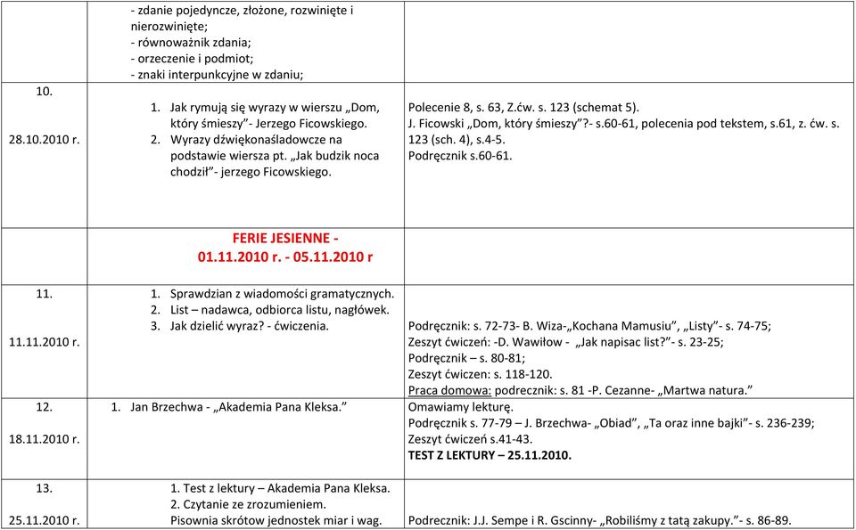 J. Ficowski Dom, który śmieszy? s.60 61, polecenia pod tekstem, s.61, z. ćw. s. 123 (sch. 4), s.4 5. Podręcznik s.60 61. FERIE JESIENNE 01.11.2010 r. 05.11.2010 r 11. 11.11.2010 r. 12. 18.11.2010 r. 13.