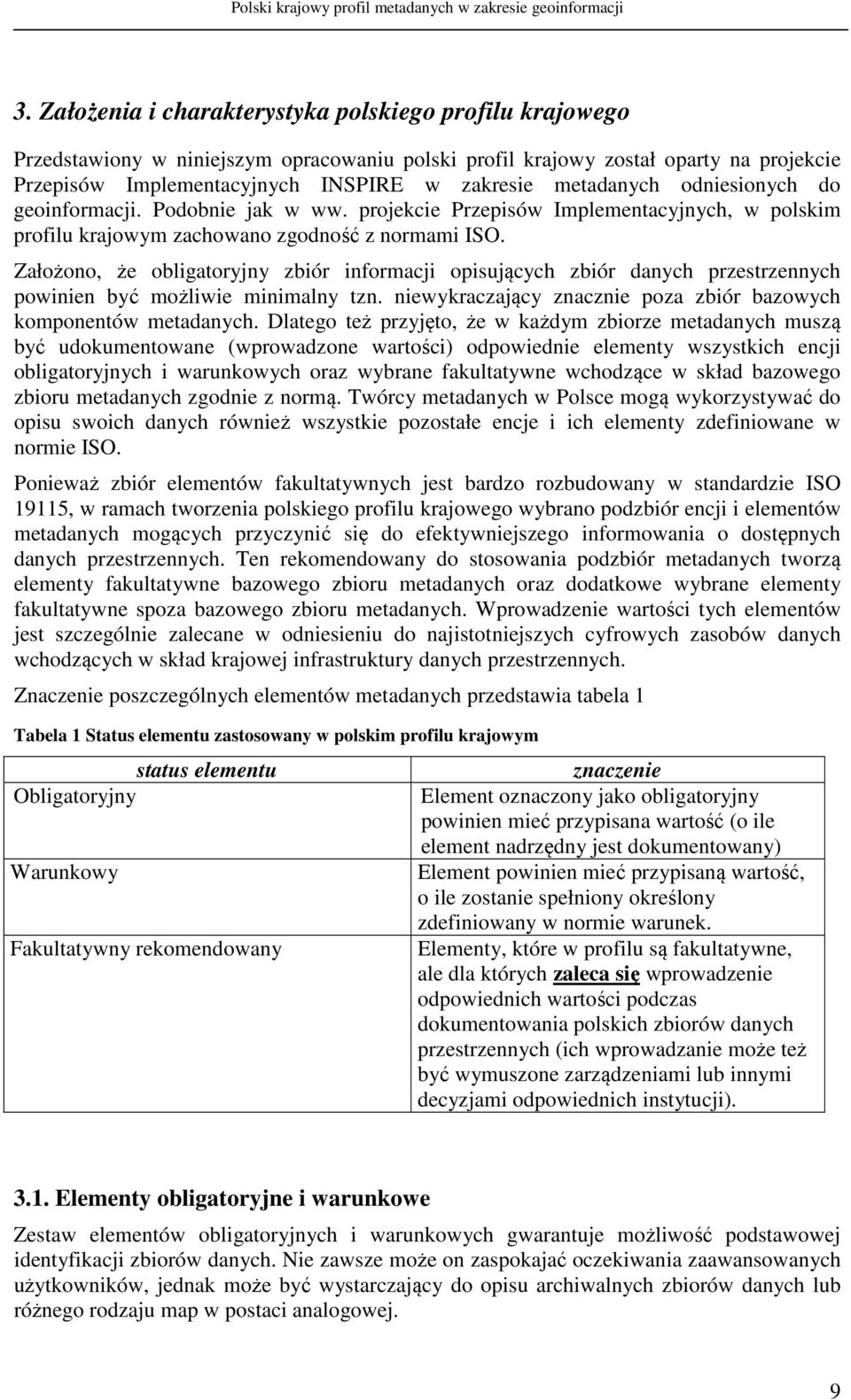 Założono, że obligatoryjny zbiór informacji opisujących zbiór danych przestrzennych powinien być możliwie minimalny tzn. niewykraczający znacznie poza zbiór bazowych komponentów metadanych.