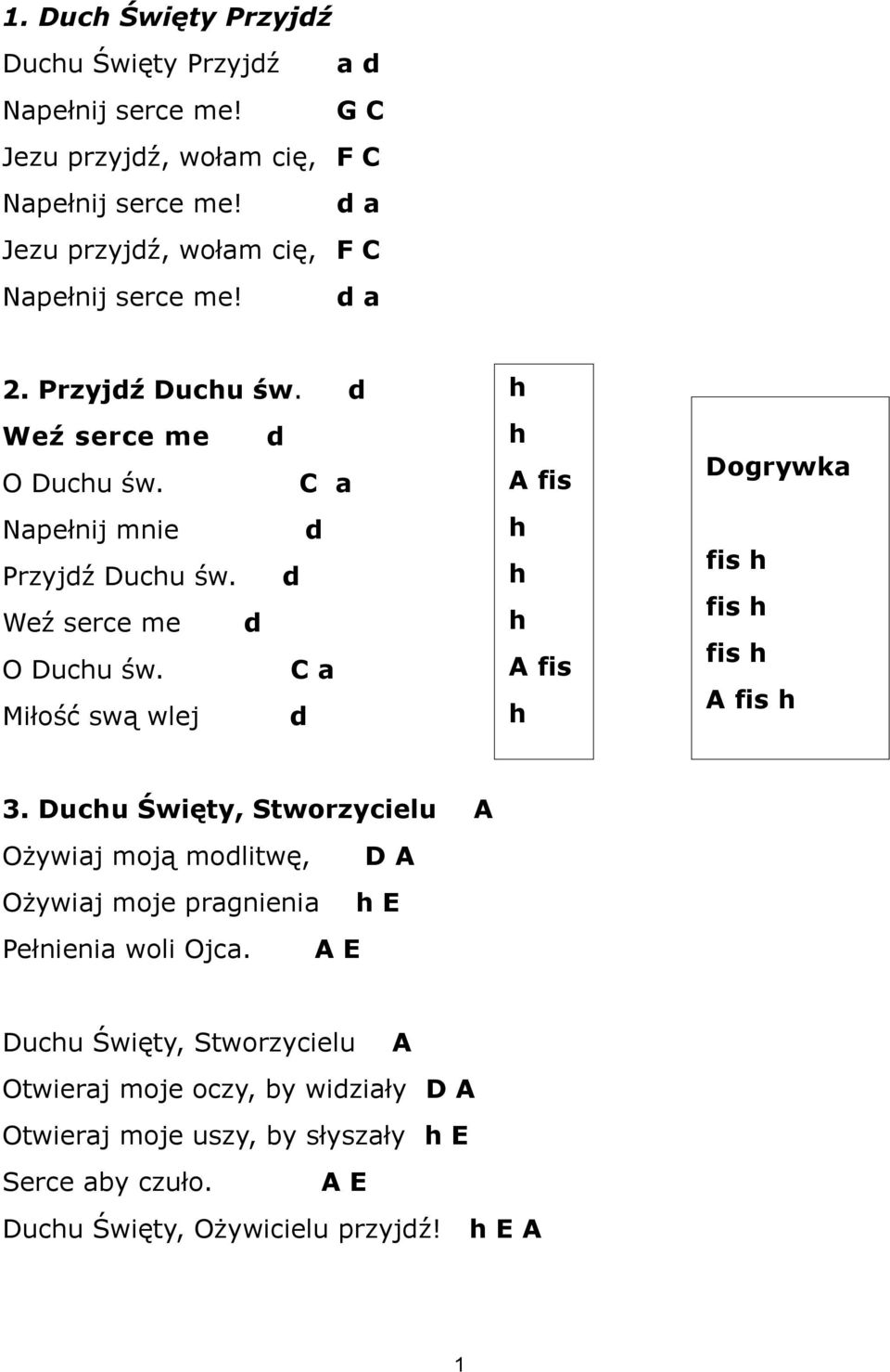 d Weź serce me d O Duchu św. C a Miłość swą wlej d h h A fis h h h A fis h Dogrywka fis h fis h fis h A fis h 3.