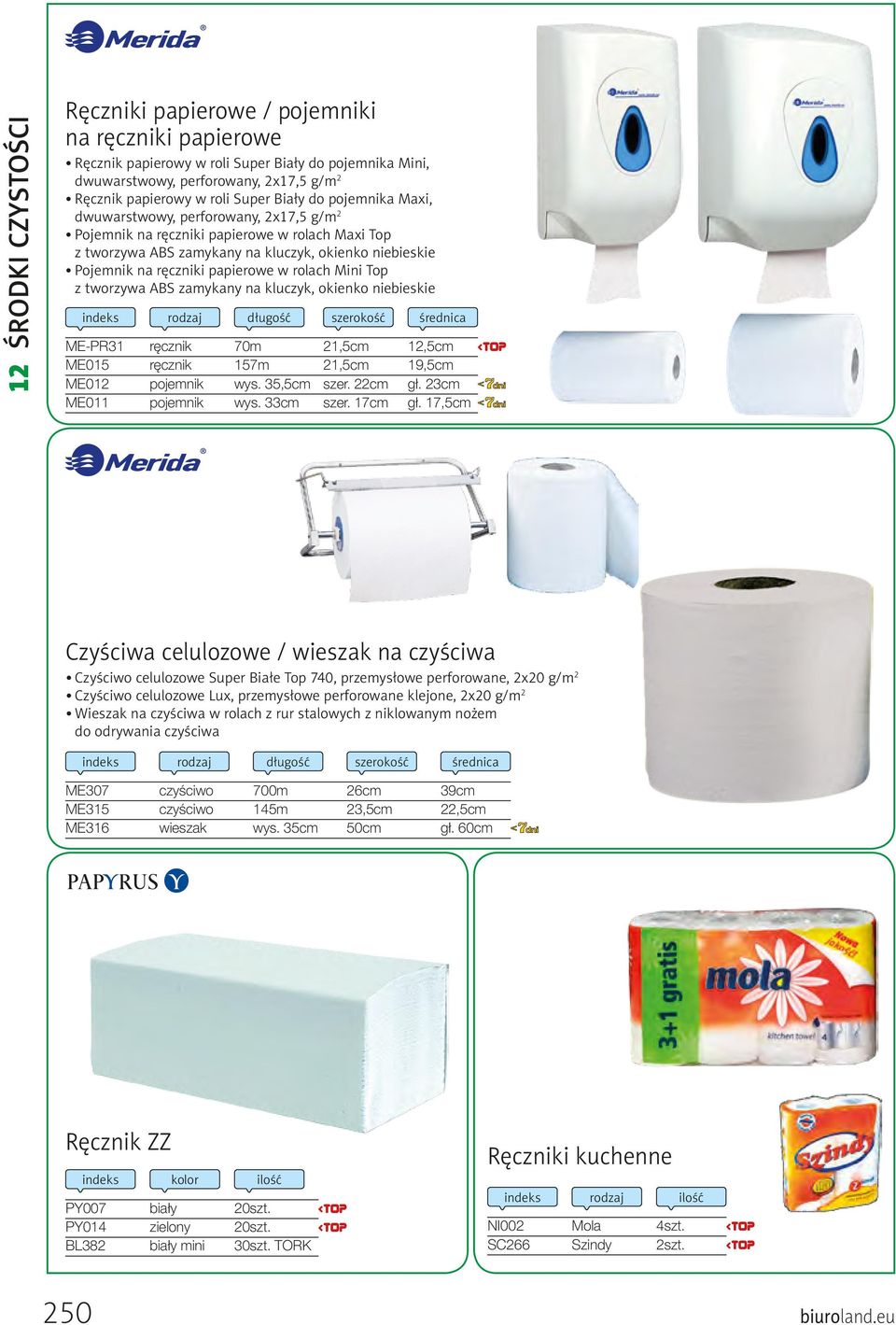 w rolach Mini Top z tworzywa ABS zamykany na kluczyk, okienko niebieskie długość szerokość średnica ME-PR31 ręcznik 70m 21,5cm 12,5cm ME015 ręcznik 157m 21,5cm 19,5cm ME012 pojemnik wys. 35,5cm szer.