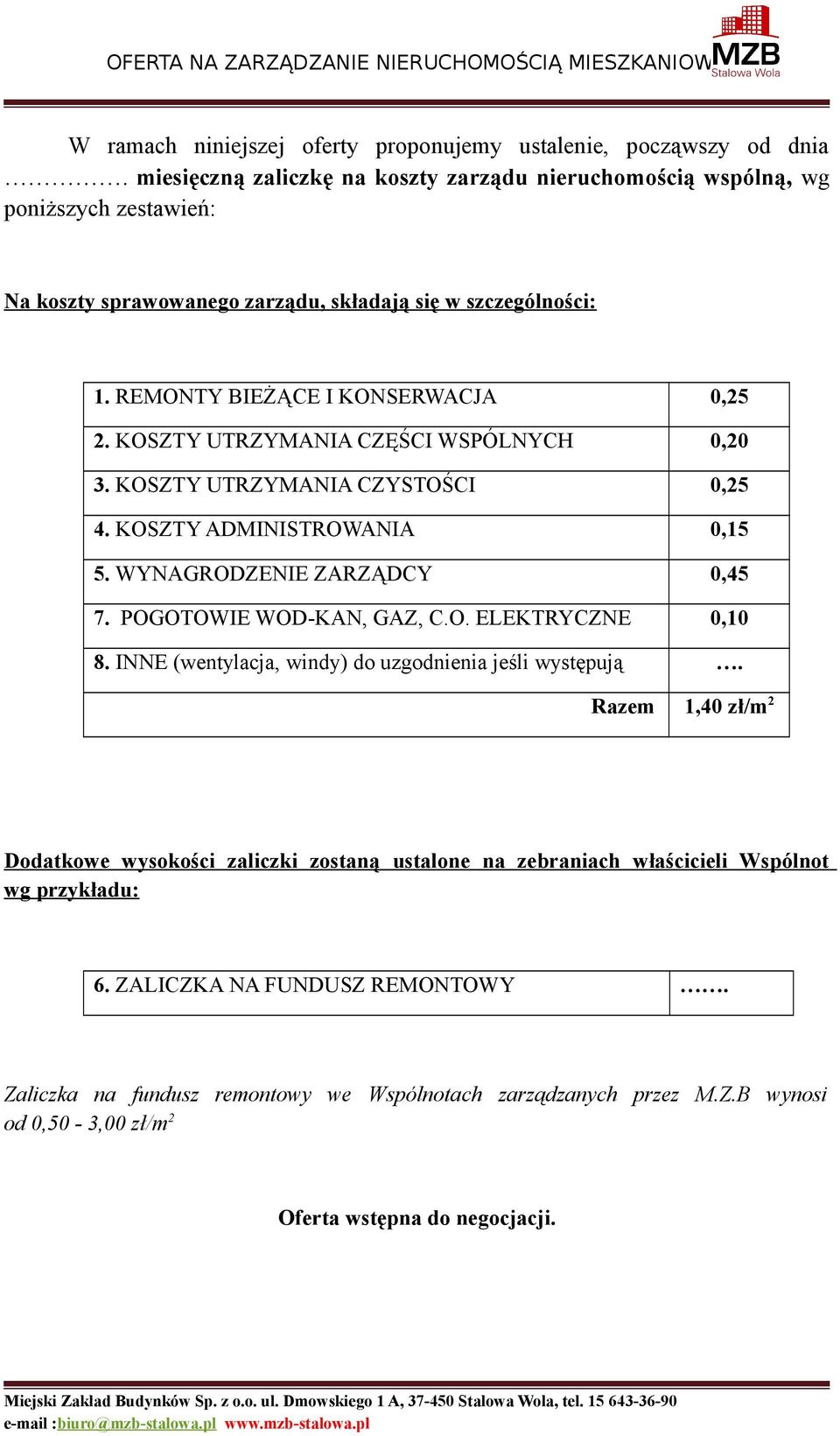 KOSZTY UTRZYMANIA CZĘŚCI WSPÓLNYCH 0,20 3. KOSZTY UTRZYMANIA CZYSTOŚCI 0,25 4. KOSZTY ADMINISTROWANIA 0,15 5. WYNAGRODZENIE ZARZĄDCY 0,45 7. POGOTOWIE WOD-KAN, GAZ, C.O. ELEKTRYCZNE 0,10 8.