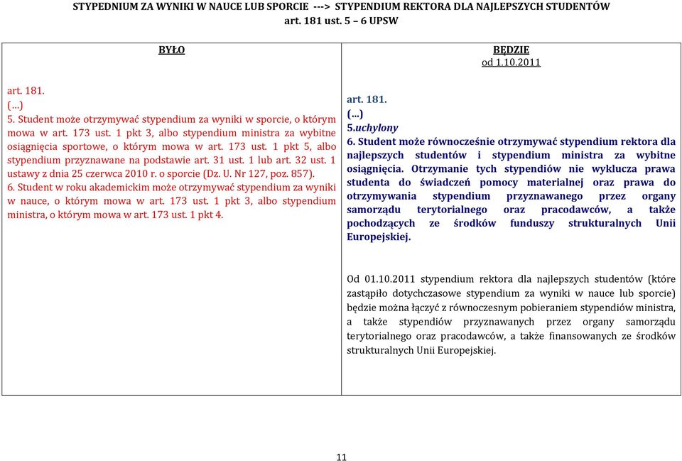 1 ustawy z dnia 25 czerwca 2010 r. o sporcie (Dz. U. Nr 127, poz. 857). 6. Student w roku akademickim może otrzymywać stypendium za wyniki w nauce, o którym mowa w art. 173 ust.
