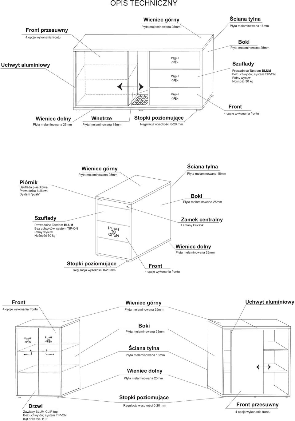 uchwytów, system TIP-ON Pełny wysuw Nośność 30 kg TO Zamek centralny Łamany kluczyk Wieniec dolny Stopki poziomujące Regulacja wysokości 0-20 mm Front Front