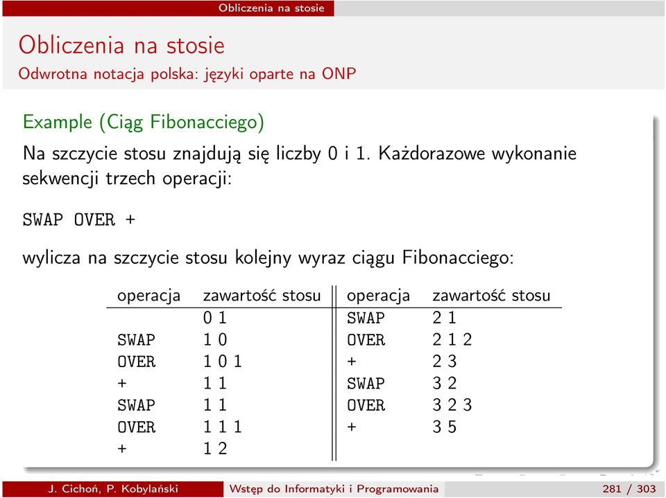 Każdorazowe wykonanie sekwencji trzech operacji: SWAP OVER + wylicza na szczycie stosu kolejny wyraz ciągu