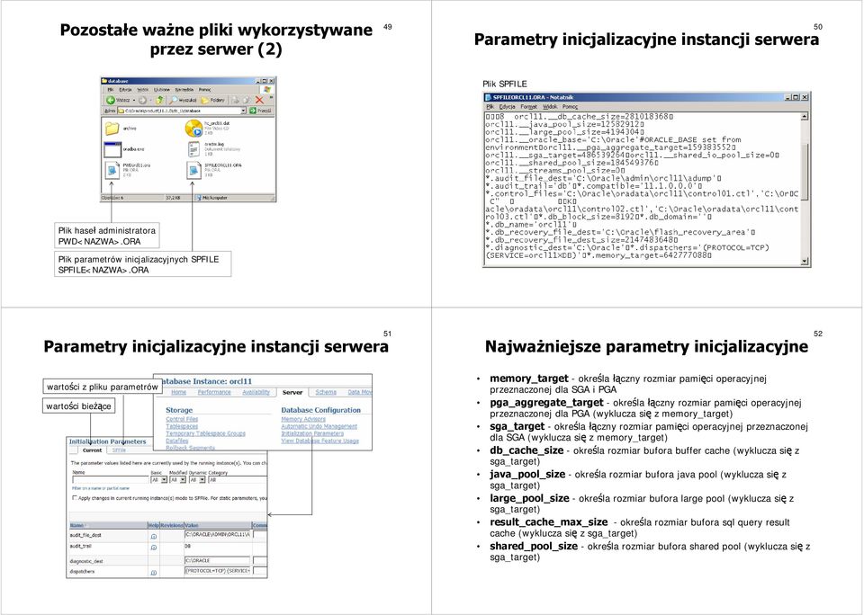 ORA 51 Parametry inicjalizacyjne instancji serwera Najważniejsze parametry inicjalizacyjne 52 wartości z pliku parametrów wartości bieżące memory_target - określa łączny rozmiar pamięci operacyjnej