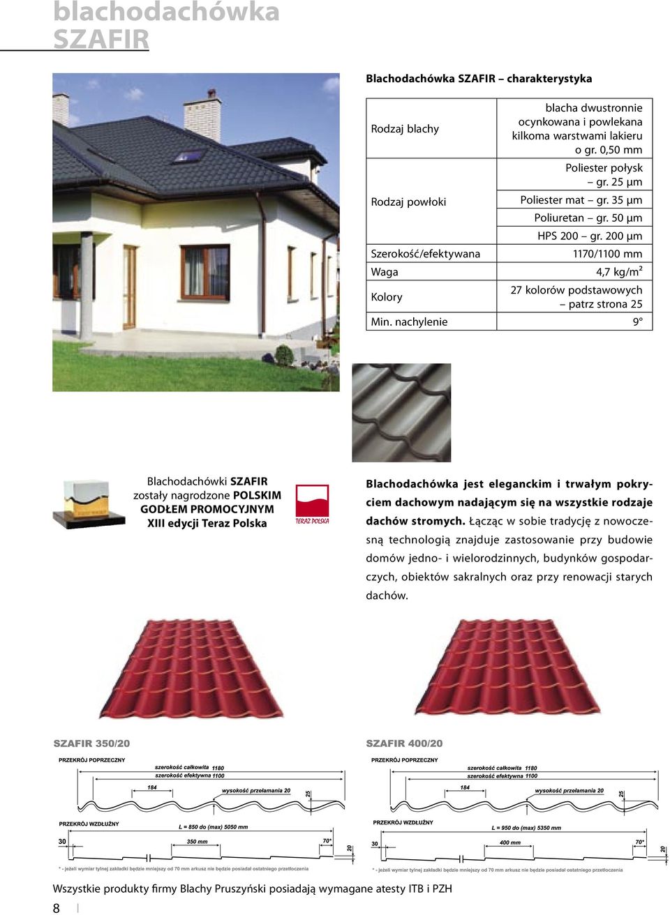 nachylenie 9 Blachodachówki SZAFIR zostały nagrodzone POLSKIM GODŁEM PROMOCYJNYM XIII edycji Teraz Polska Blachodachówka jest eleganckim i trwałym pokryciem dachowym nadającym się na wszystkie