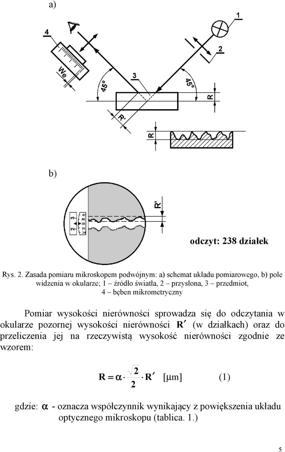 Zasada pomiaru mikroskopem podwójnym: a) schemat układu pomiarowego, b) pole widzenia w okularze; 1 źródło światła, 2 przysłona,