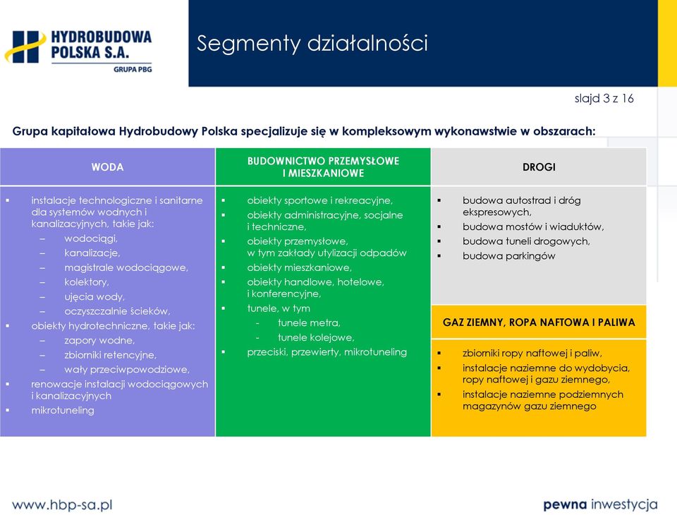 takie jak: zapory wodne, zbiorniki retencyjne, wały przeciwpowodziowe, renowacje instalacji wodociągowych i kanalizacyjnych mikrotuneling obiekty sportowe i rekreacyjne, obiekty administracyjne,