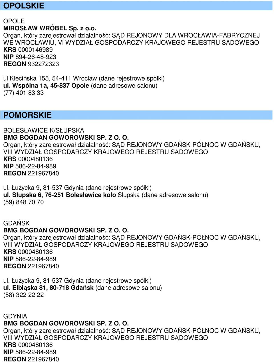 Klecińska 155, 54-411 Wrocław (dane rejestrowe spółki) ul. Wspólna 1a, 45-837 Op