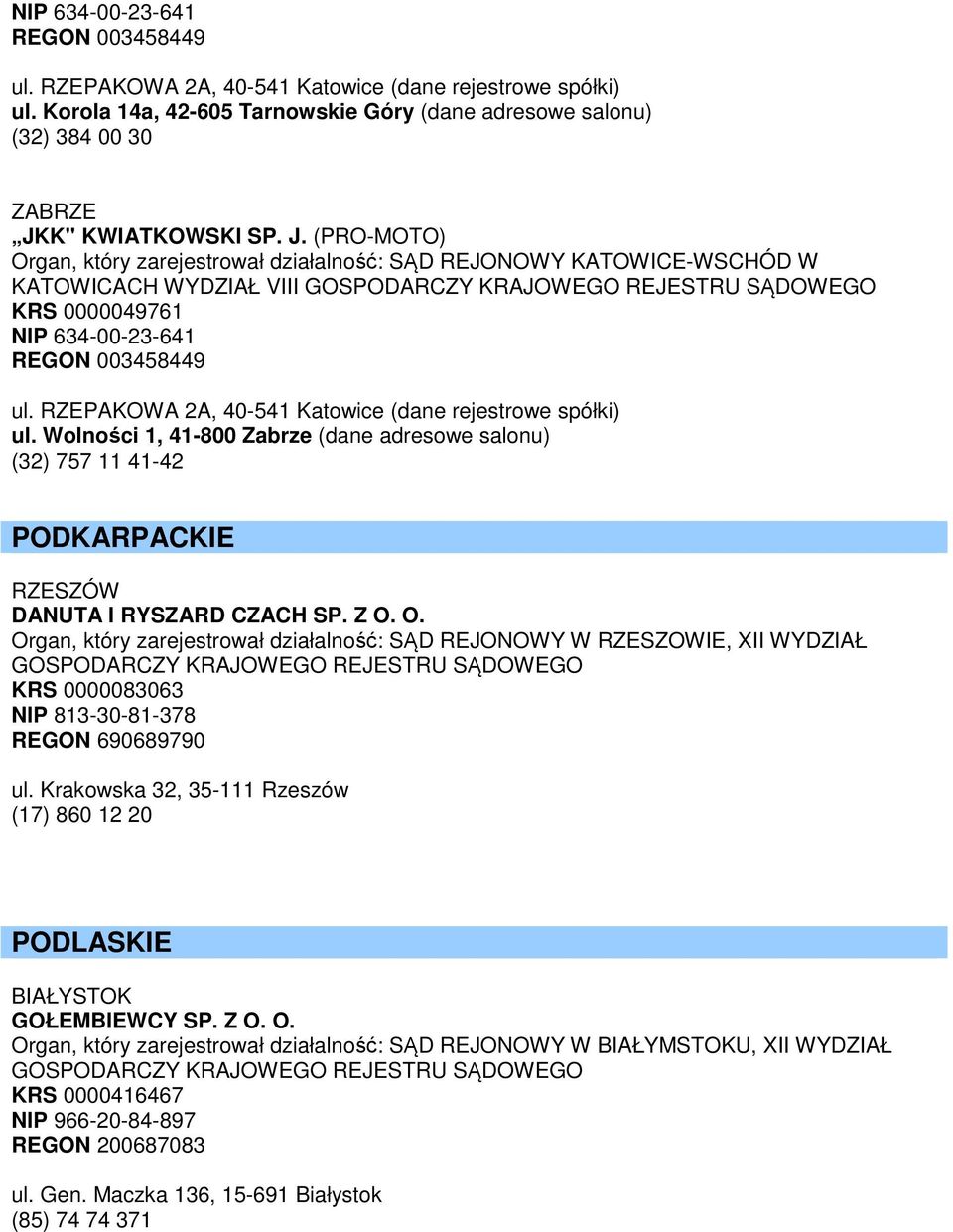 RZEPAKOWA 2A, 40-541 Katowice (dane rejestrowe spółki) ul. Wolności 1, 41-800 Zabrze (dane adresowe salonu) (32) 757 11 41-42 PODKARPACKIE RZESZÓW DANUTA I RYSZARD CZACH SP. Z O.