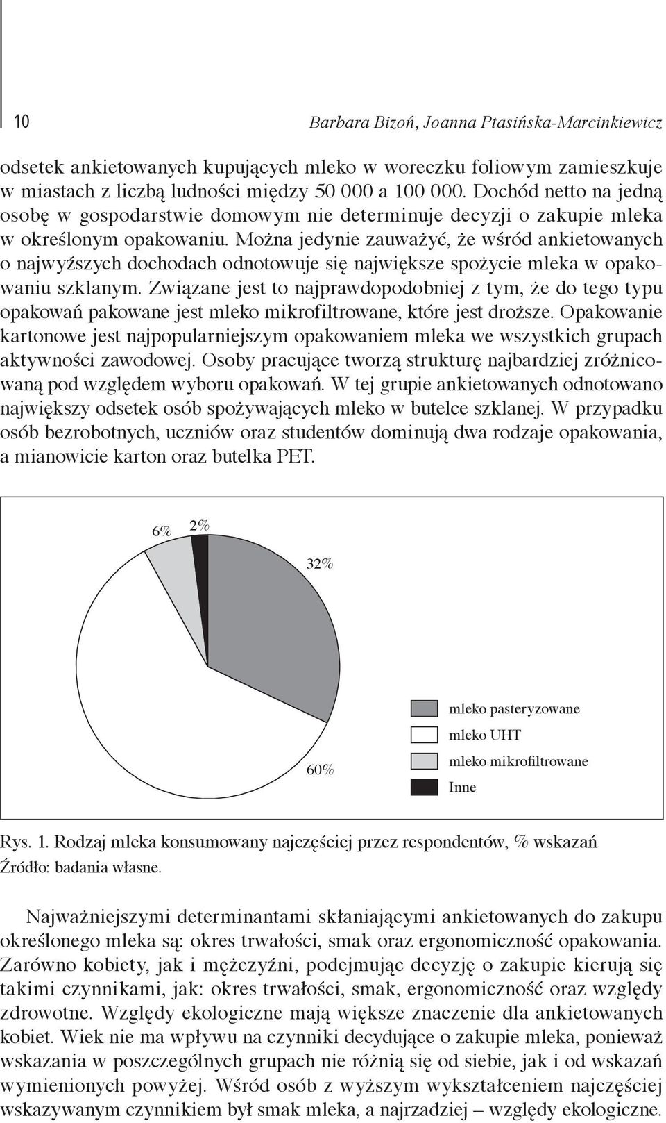 Można jedynie zauważyć, że wśród ankietowanych o najwyźszych dochodach odnotowuje się największe spożycie mleka w opakowaniu szklanym.