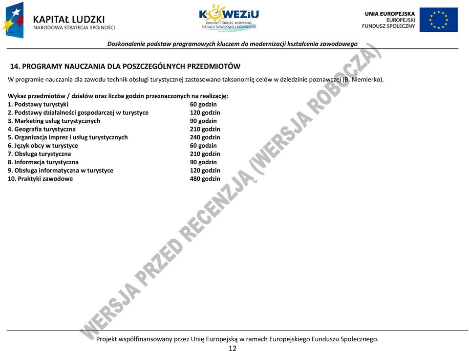 Marketing usług turystycznych 90 godzin 4. Geografia turystyczna 210 godzin 5. Organizacja imprez i usług turystycznych 240 godzin 6. Język obcy w turystyce 60 godzin 7.