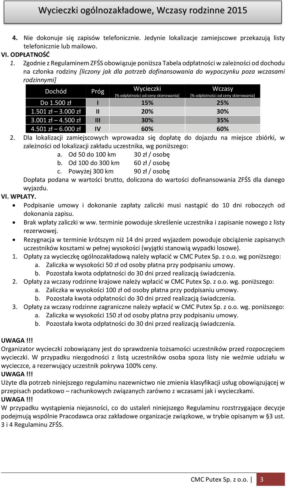 Próg Wycieczki [% odpłatności od ceny skierowania] Wczasy [% odpłatności od ceny skierowania] Do 1.500 zł I 15% 25% 1.501 zł 3.000 zł II 20% 30% 3.001 zł 4.500 zł III 30% 35% 4.501 zł 6.