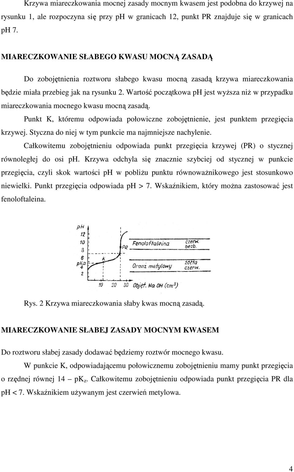 Wartość początkowa ph jest wyŝsza niŝ w przypadku miareczkowania mocnego kwasu mocną zasadą. Punkt K, któremu odpowiada połowiczne zobojętnienie, jest punktem przegięcia krzywej.