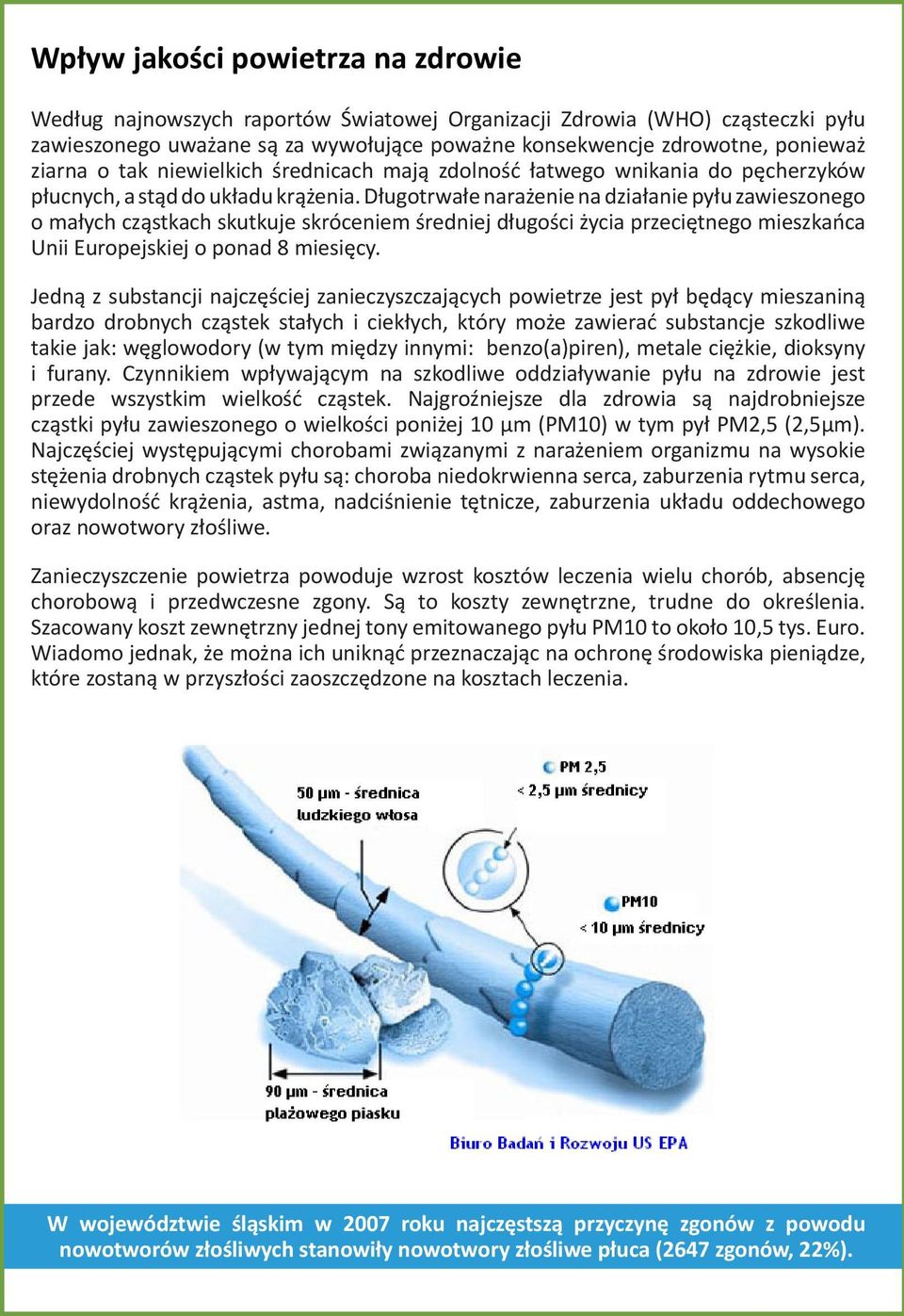 Długotrwałe narażenie na działanie pyłu zawieszonego o małych cząstkach skutkuje skróceniem średniej długości życia przeciętnego mieszkańca Unii Europejskiej o ponad 8 miesięcy.