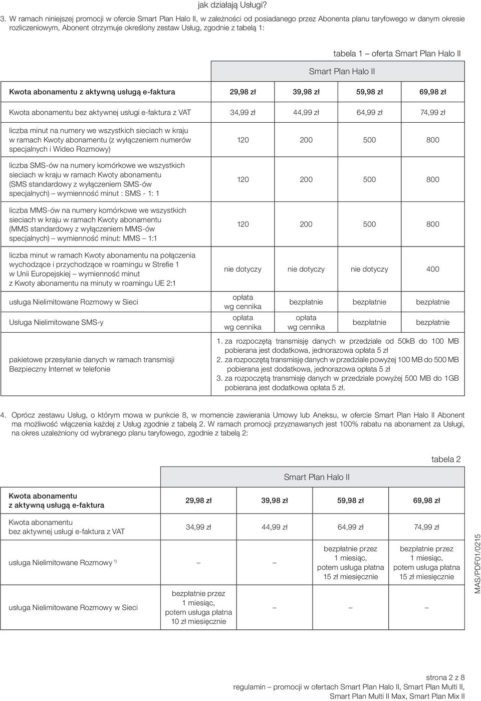 zgodnie z tabelą 1: tabela 1 oferta Smart Plan Halo II Smart Plan Halo II 29,98 zł 39,98 zł 59,98 zł 69,98 zł 34,99 zł 44,99 zł 64,99 zł 74,99 zł liczba minut na numery we wszystkich sieciach w kraju