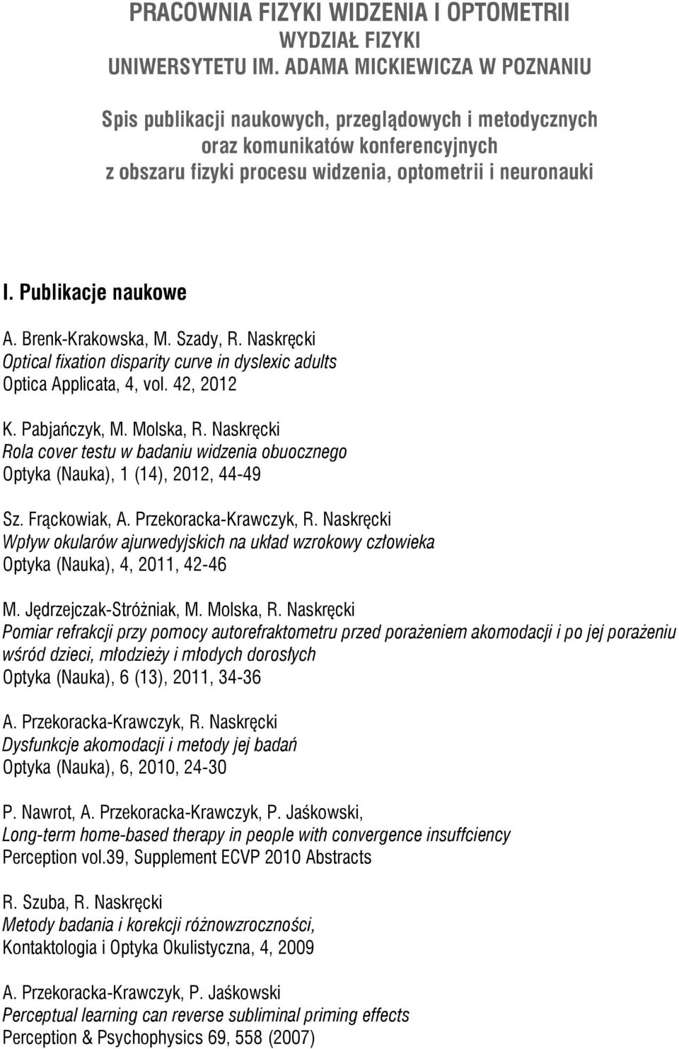 Publikacje naukowe A. Brenk-Krakowska, M. Szady, Optical fixation disparity curve in dyslexic adults Optica Applicata, 4, vol. 42, 2012 K. Pabjańczyk, M.