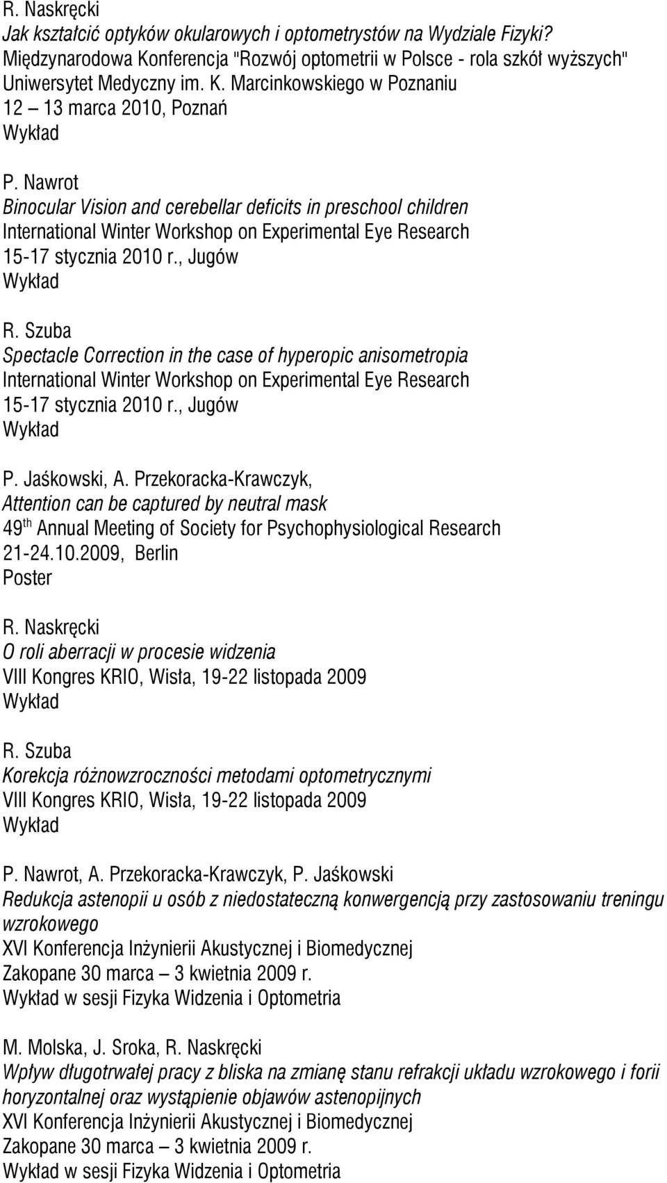 Szuba Spectacle Correction in the case of hyperopic anisometropia International Winter Workshop on Experimental Eye Research 15-17 stycznia 2010 r., Jugów P. Jaśkowski, A.