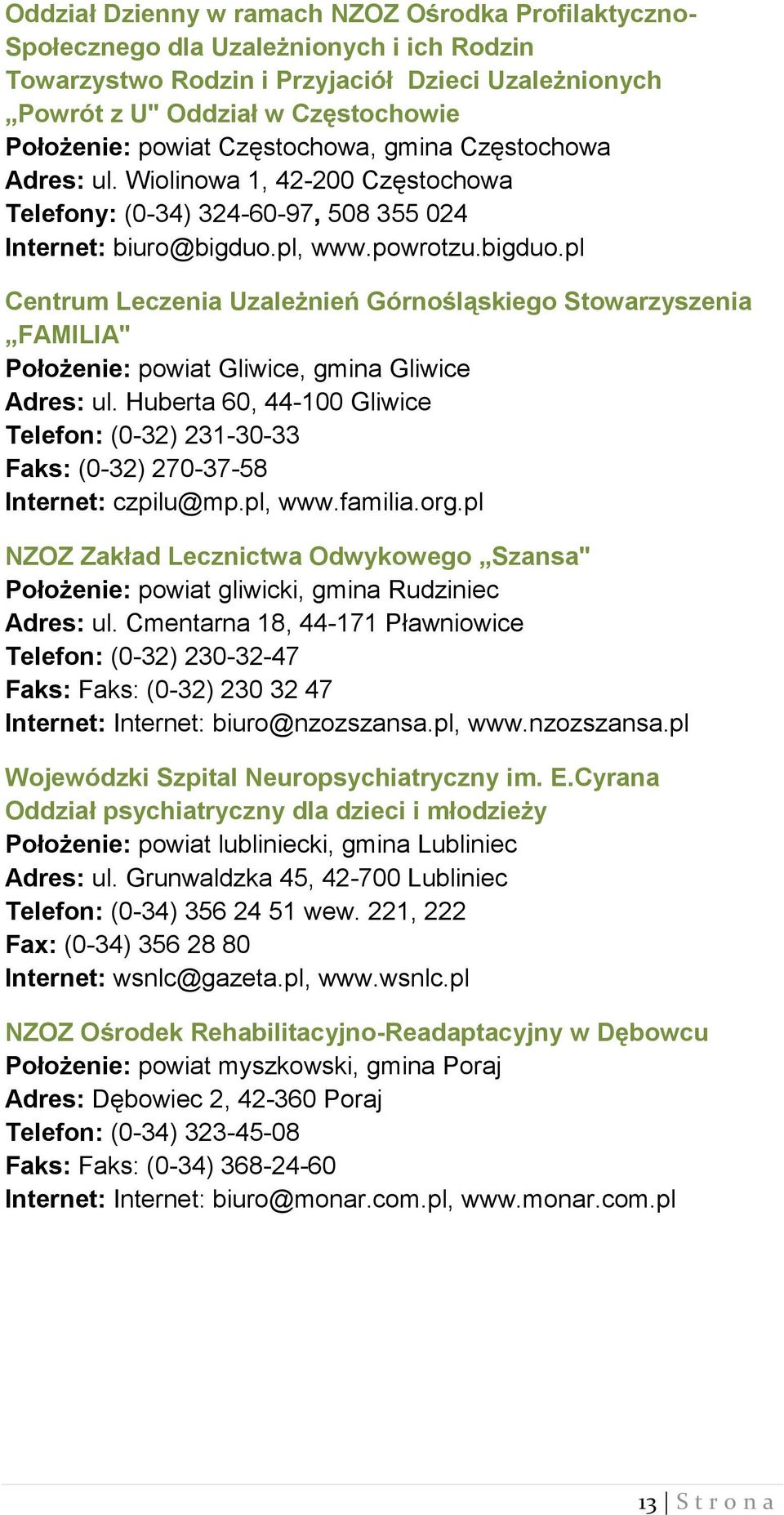 pl, www.powrotzu.bigduo.pl Centrum Leczenia Uzależnień Górnośląskiego Stowarzyszenia FAMILIA" Położenie: powiat Gliwice, gmina Gliwice Adres: ul.