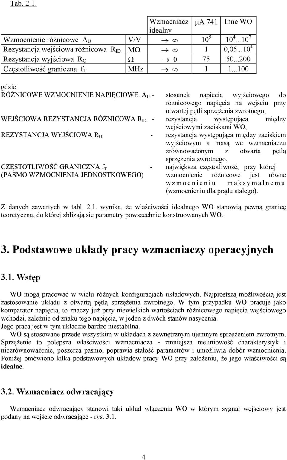 A - stosunek napięcia wyjściowego do róŝnicowego napięcia na wejściu przy otwartej pętli sprzęŝenia zwrotnego, WEJŚCIOWA EZYSTANCJA ÓśNICOWA ID - rezystancja występująca między wejściowymi zaciskami