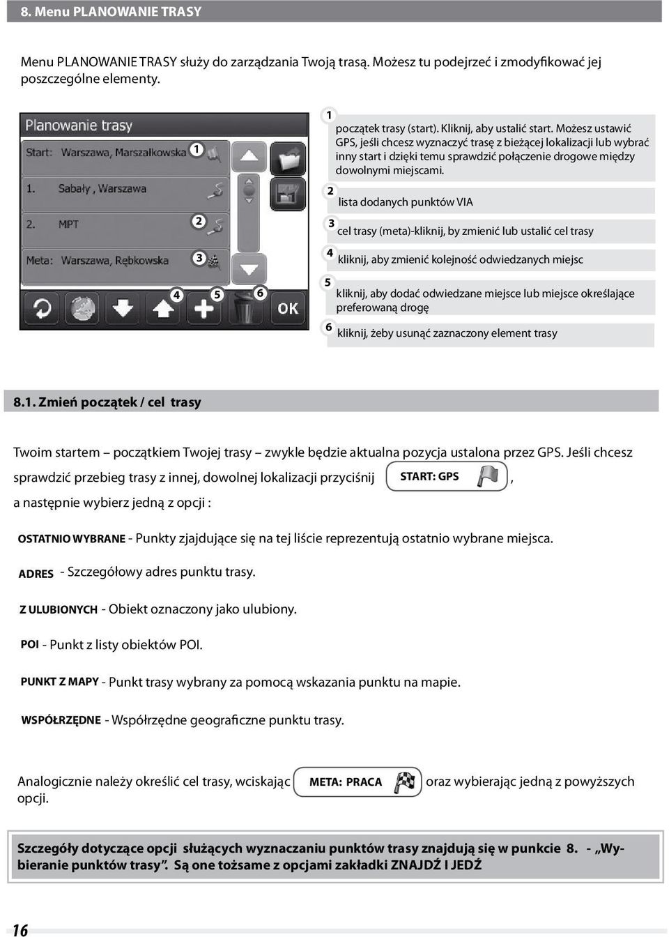 lista dodanych punktów VIA cel trasy (meta)-kliknij, by zmienić lub ustalić cel trasy kliknij, aby zmienić kolejność odwiedzanych miejsc 5 kliknij, aby dodać odwiedzane miejsce lub miejsce