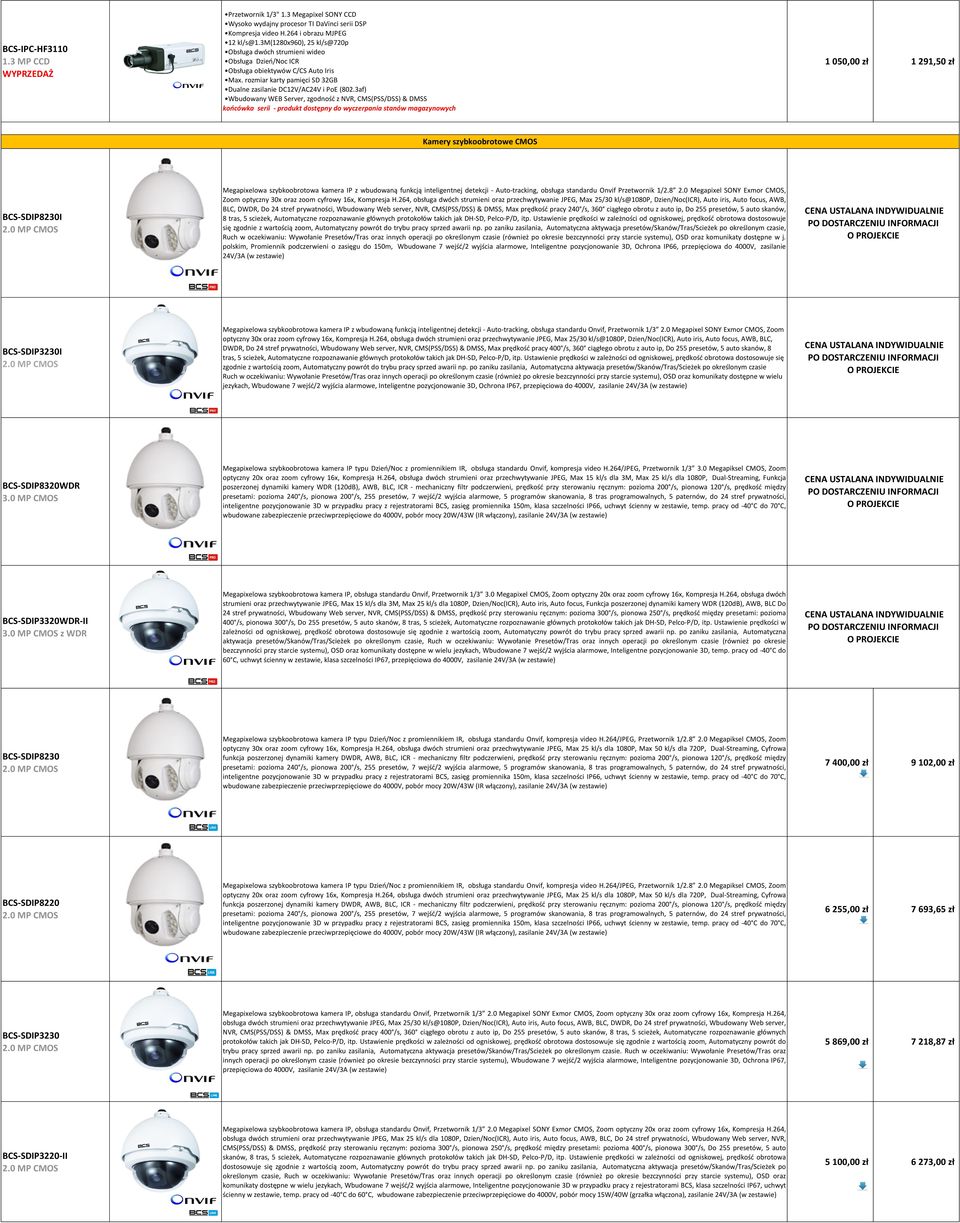 3af) Wbudowany WEB Server, zgodność z NVR, CMS(PSS/DSS) & DMSS 1 050,00 zł 1 291,50 zł Kamery szybkoobrotowe CMOS BCS-SDIP8230I CMOS Megapixelowa szybkoobrotowa kamera IP z wbudowaną funkcją