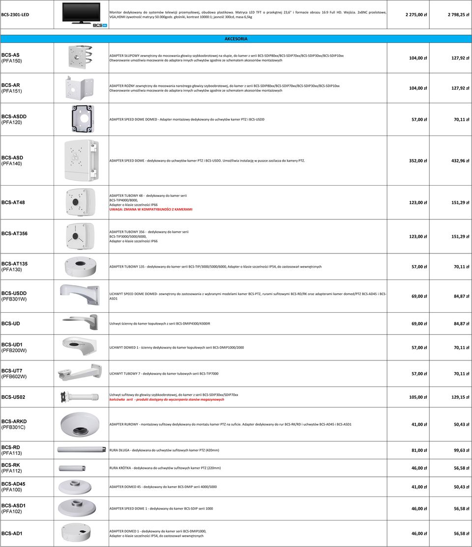 głośniki, kontrast 10000:1; jasność 300cd, masa 6,5kg 2 275,00 zł 2 798,25 zł AKCESORIA BCS-AS (PFA150) ADAPTER SŁUPOWY zewnętrzny do mocowania głowicy szybkoobrotowej na słupie, do kamer z serii