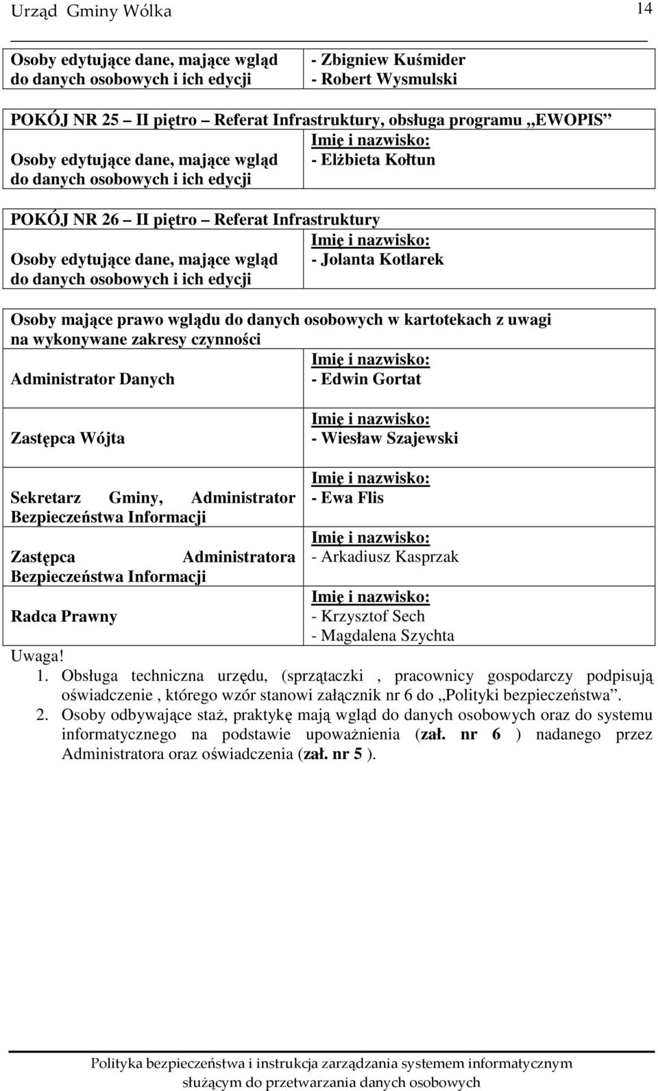 Kotlarek Osoby mające prawo wglądu do danych osobowych w kartotekach z uwagi na wykonywane zakresy czynności Administrator Danych - Edwin Gortat Zastępca Wójta - Wiesław Szajewski Sekretarz Gminy,