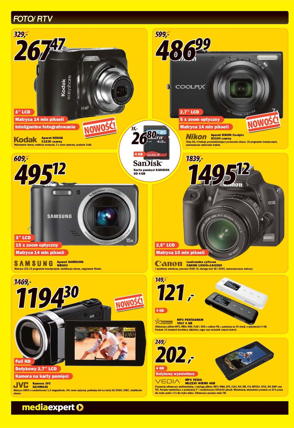33,- 26 26 80 4 GB Karta pamięci SNDISK SD 4 GB 2,7 LCD 5 x zoom optyczny Matryca 14 mln pikseli parat NIKON Coolpix S3100 czarny Filmy HD, 4 funkcje przeciwdziałające poruszeniu obrazu, 18 programów