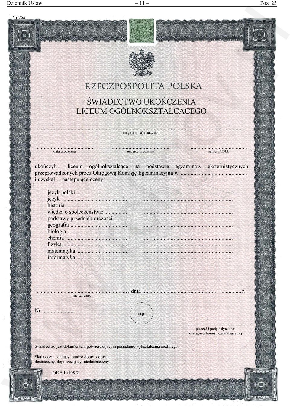 Egzaminacyjną w... i uzyskał następujące oceny: w. rcl język polski... język...... historia... wiedza o społeczeństwie... podstawy przedsiębiorczości... geografia... biologia. chemia.. fizyka.