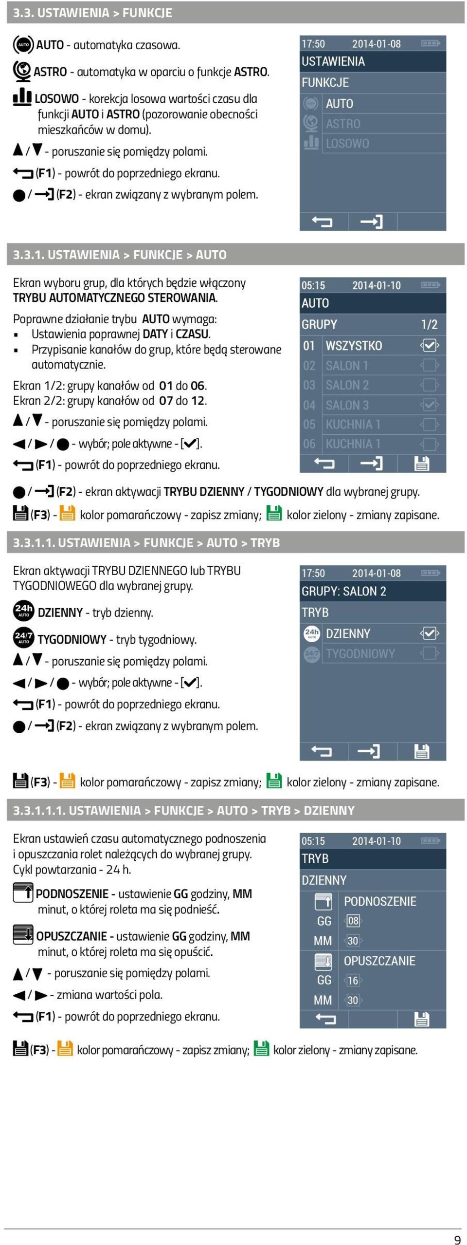 Poprawne działanie trybu wymaga: Ustawienia poprawnej DATY i CZASU. Przypisanie kanałów do grup, które będą sterowane automatycznie. Ekran 1/2: grupy kanałów od do 06.