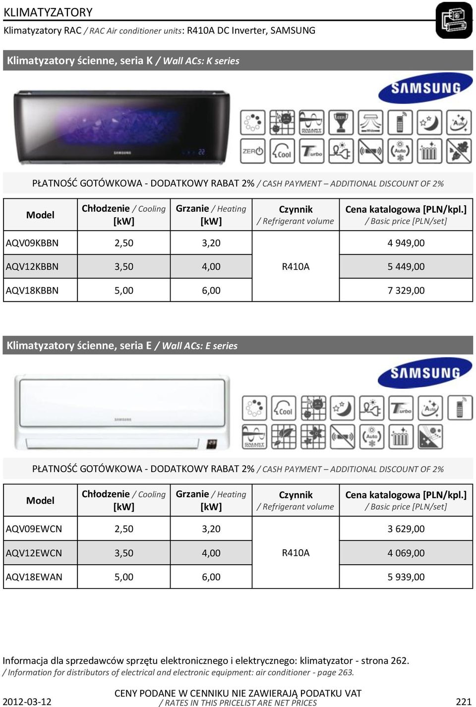 329,00 Klimatyzatory ścienne, seria E / Wall ACs: E series AQV09EWCN 2,50 3,20 3 629,00 AQV12EWCN