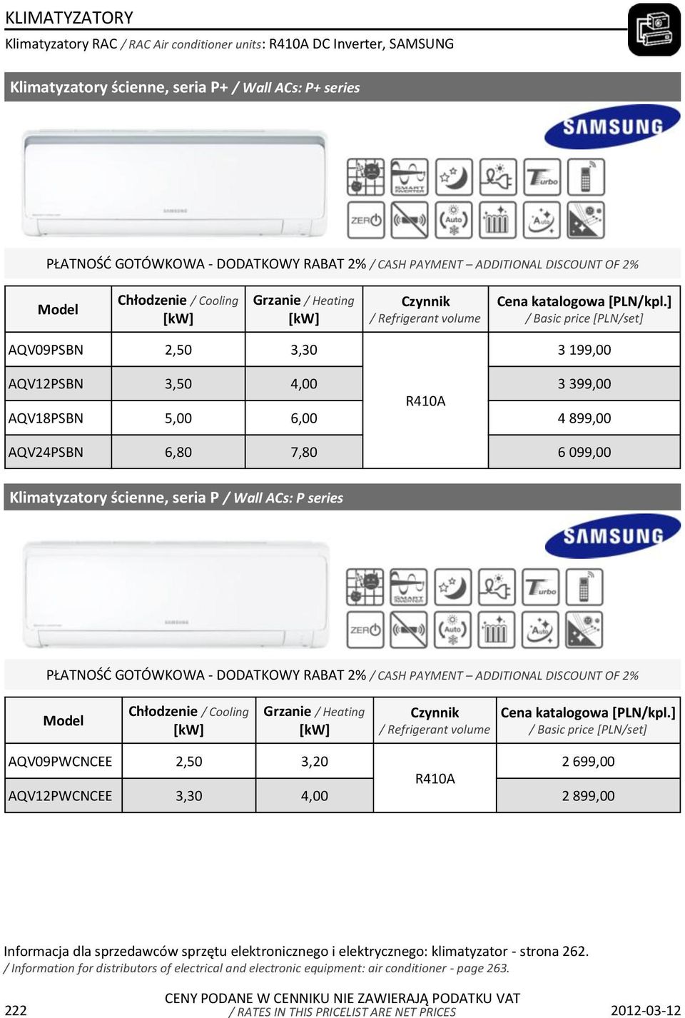 899,00 AQV24PSBN 6,80 7,80 6 099,00 Klimatyzatory ścienne, seria P / Wall ACs: P series AQV09PWCNCEE