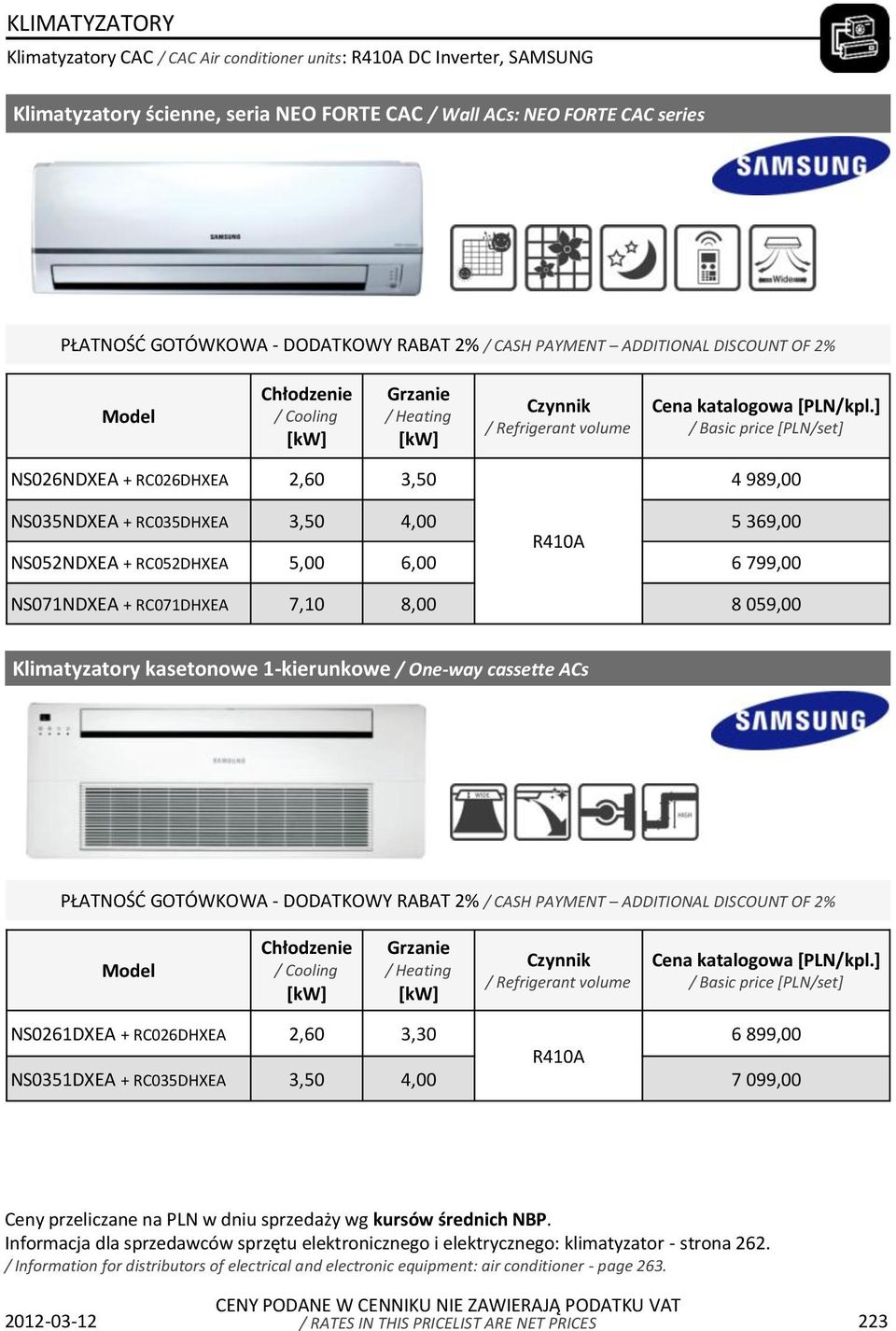 RC071DHXEA 7,10 8,00 8 059,00 Klimatyzatory kasetonowe 1-kierunkowe / One-way cassette ACs NS0261DXEA + RC026DHXEA 2,60 3,30 6 899,00 NS0351DXEA