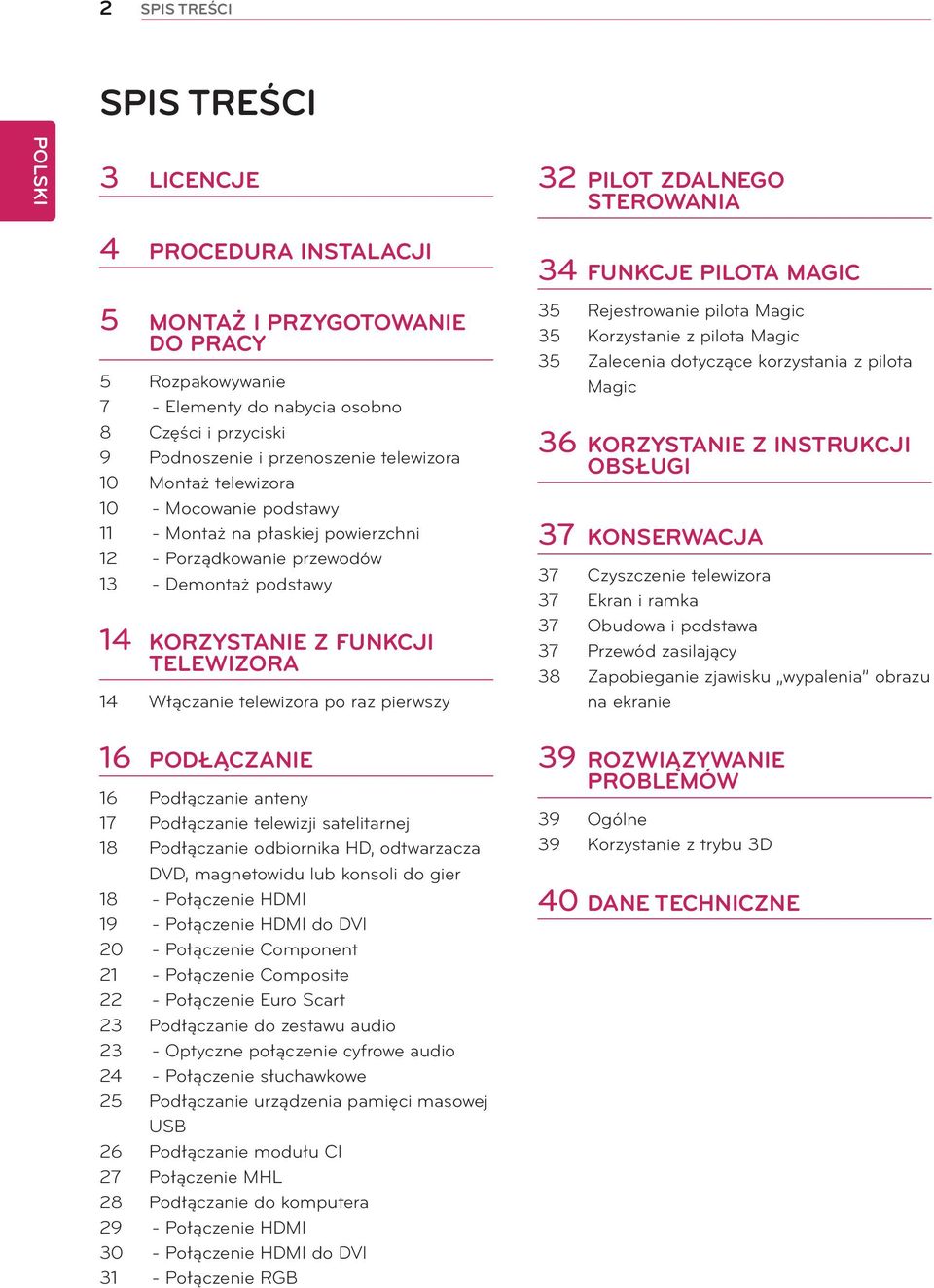 TELEWIZORA 14 Włączanie telewizora po raz pierwszy 16 PODŁĄCZANIE 16 Podłączanie anteny 17 Podłączanie telewizji satelitarnej 18 Podłączanie odbiornika HD, odtwarzacza DVD, magnetowidu lub konsoli do