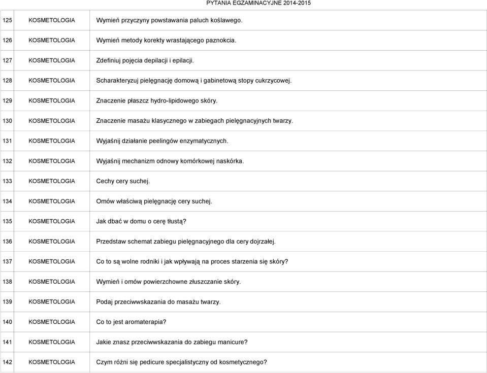130 KOSMETOLOGIA Znaczenie masażu klasycznego w zabiegach pielęgnacyjnych twarzy. 131 KOSMETOLOGIA Wyjaśnij działanie peelingów enzymatycznych.