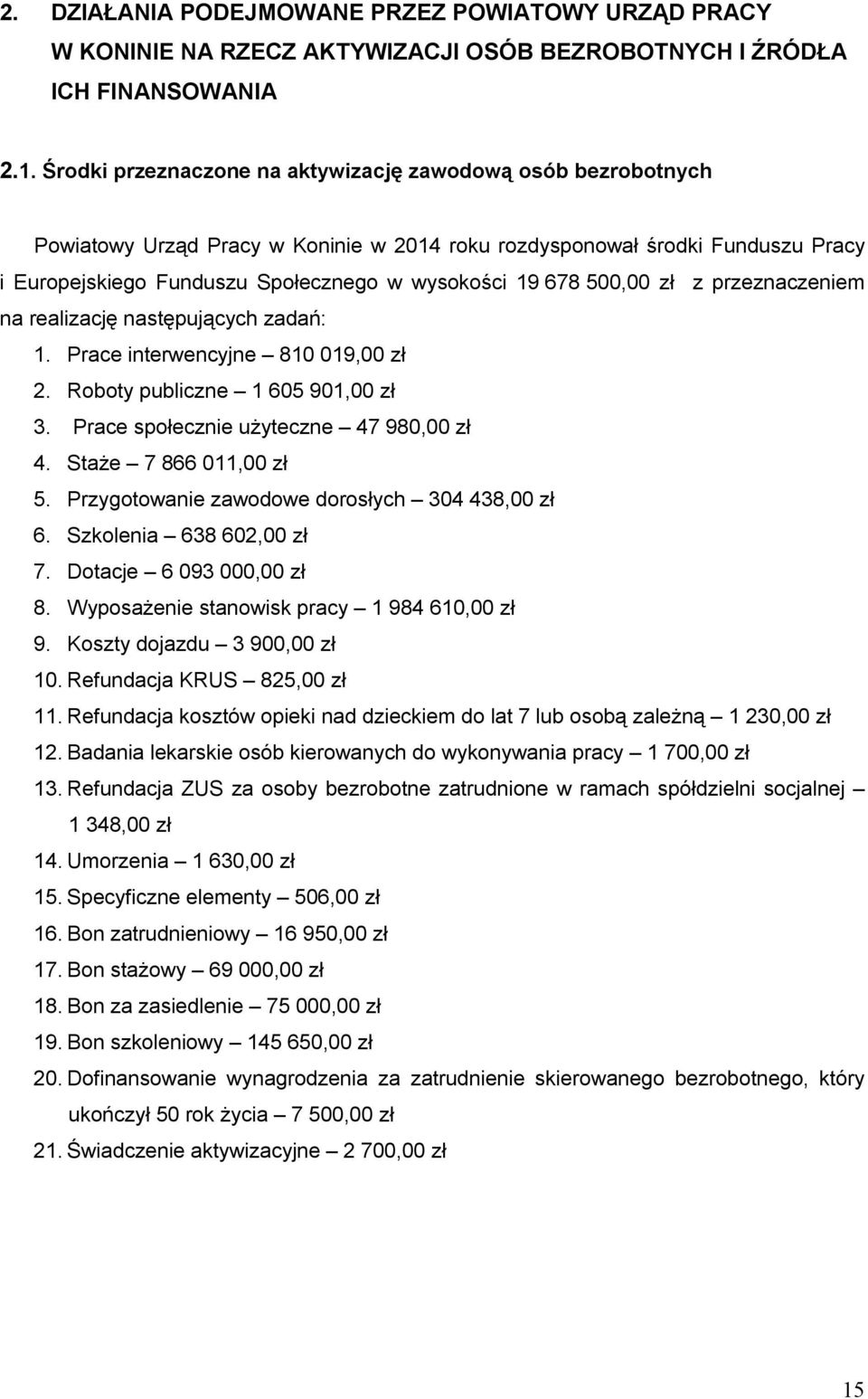 500,00 zł z przeznaczeniem na realizację następujących zadań: 1. Prace interwencyjne 810 019,00 zł 2. Roboty publiczne 1 605 901,00 zł 3. Prace społecznie użyteczne 47 980,00 zł 4.