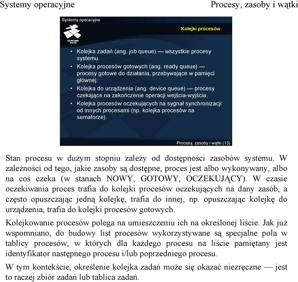 kolejka procesów na semaforze). (13) Stan procesu w dużym stopniu zależy od dostępności zasobów systemu.