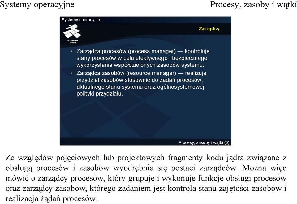 (6) Ze względów pojęciowych lub projektowych fragmenty kodu jądra związane z obsługą procesów i zasobów wyodrębnia się postaci zarządców.